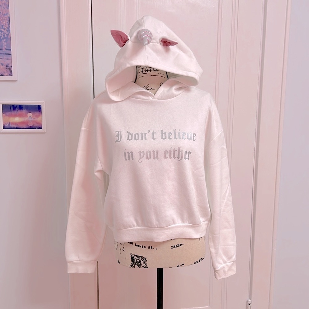 H&M Cute Pink White Unicorn Cropped Hoodie